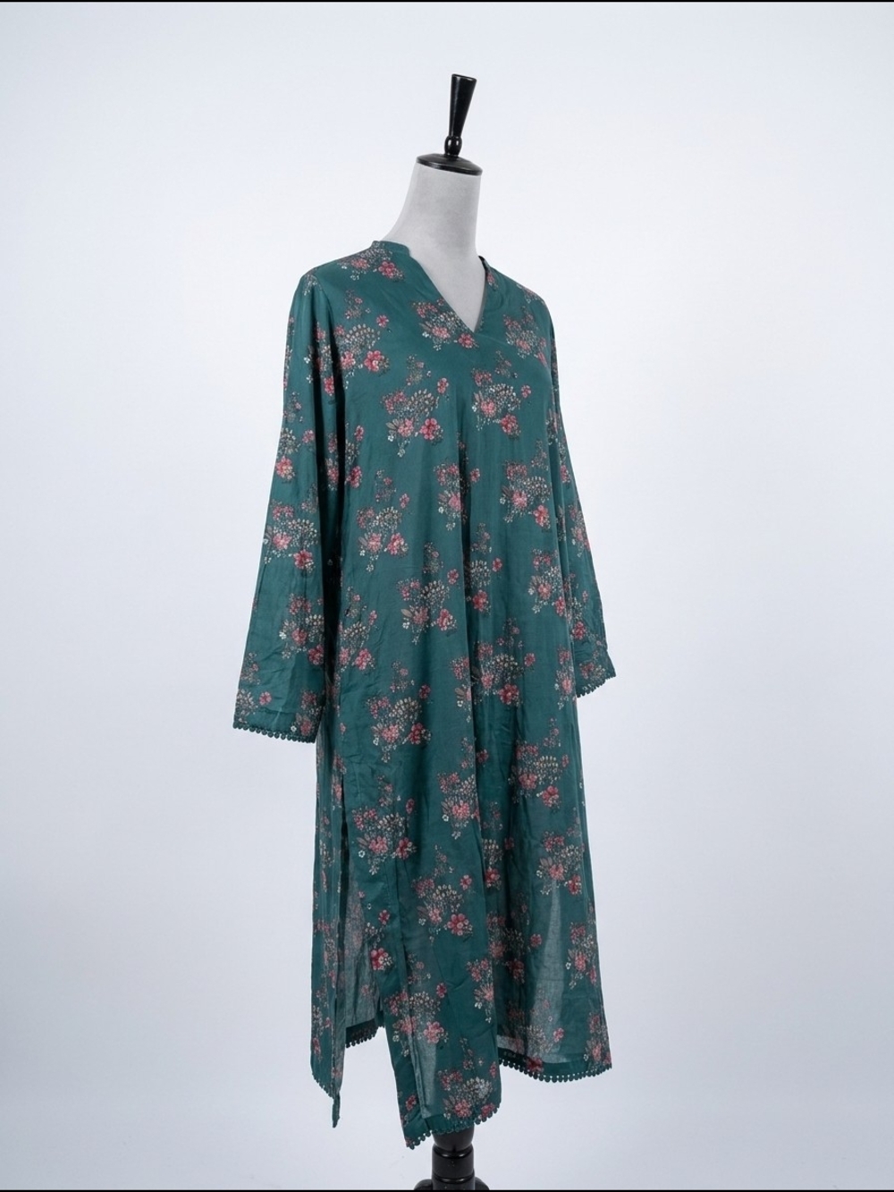 Khaadi Green Floral Midi Kaftan Tunic Dress Size 12 Boho Pakistani